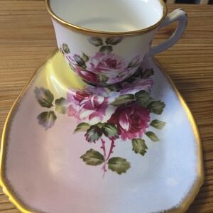 Vintage Nantucket Pink Rose Floral Teacup and Bisquit Snack Plate with Gold Trim